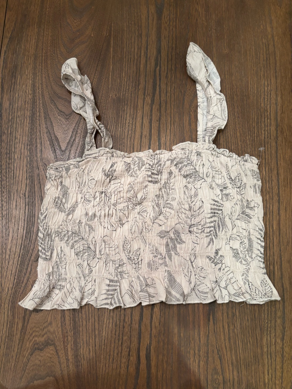 Paper Crane Cream Smocked Crop Top with Dark Green Leaf Print